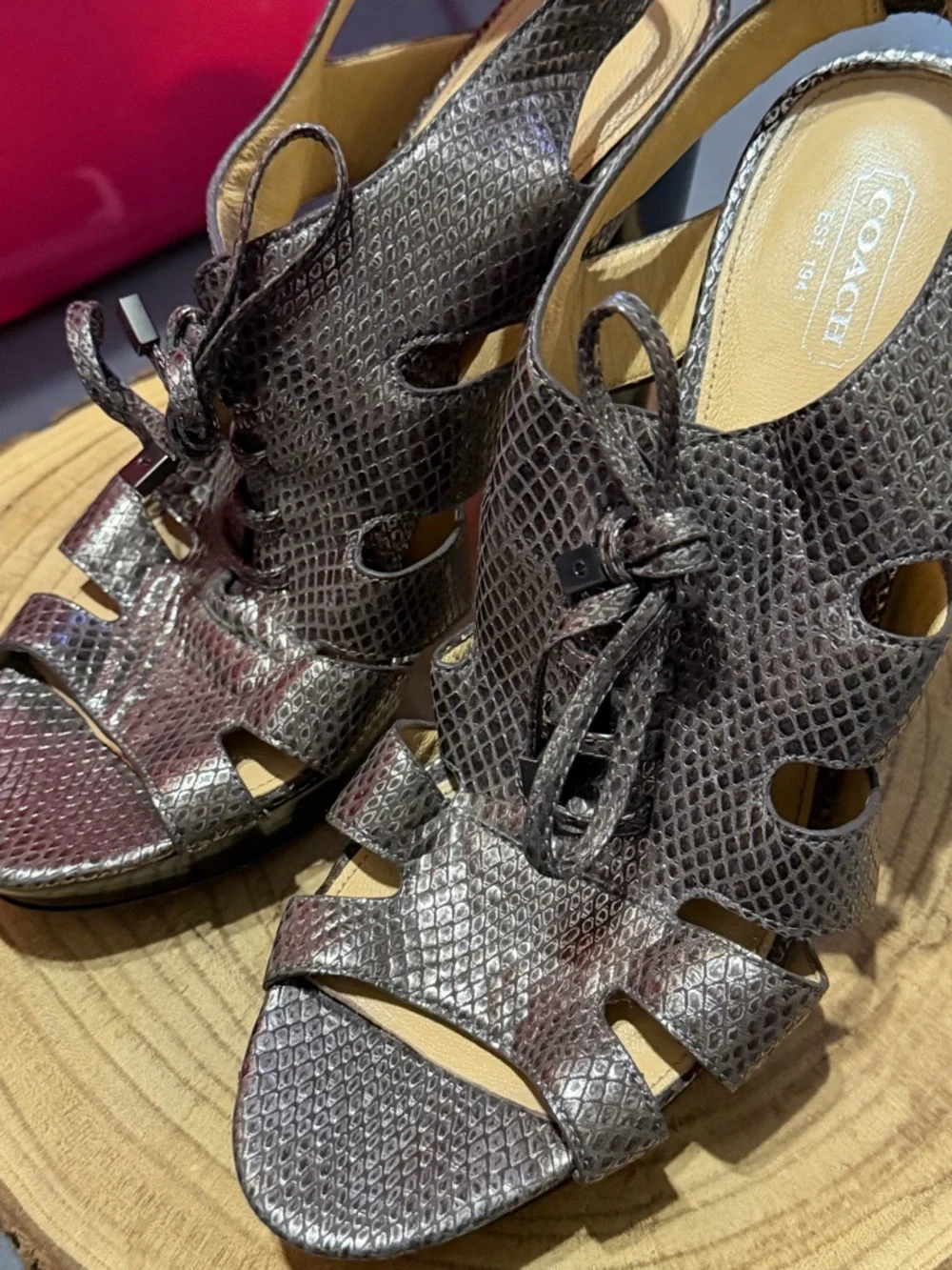 Coach Maureen Metallic Brown Snake-Embossed Leather Slingback Sandals - Picture 2 of 7